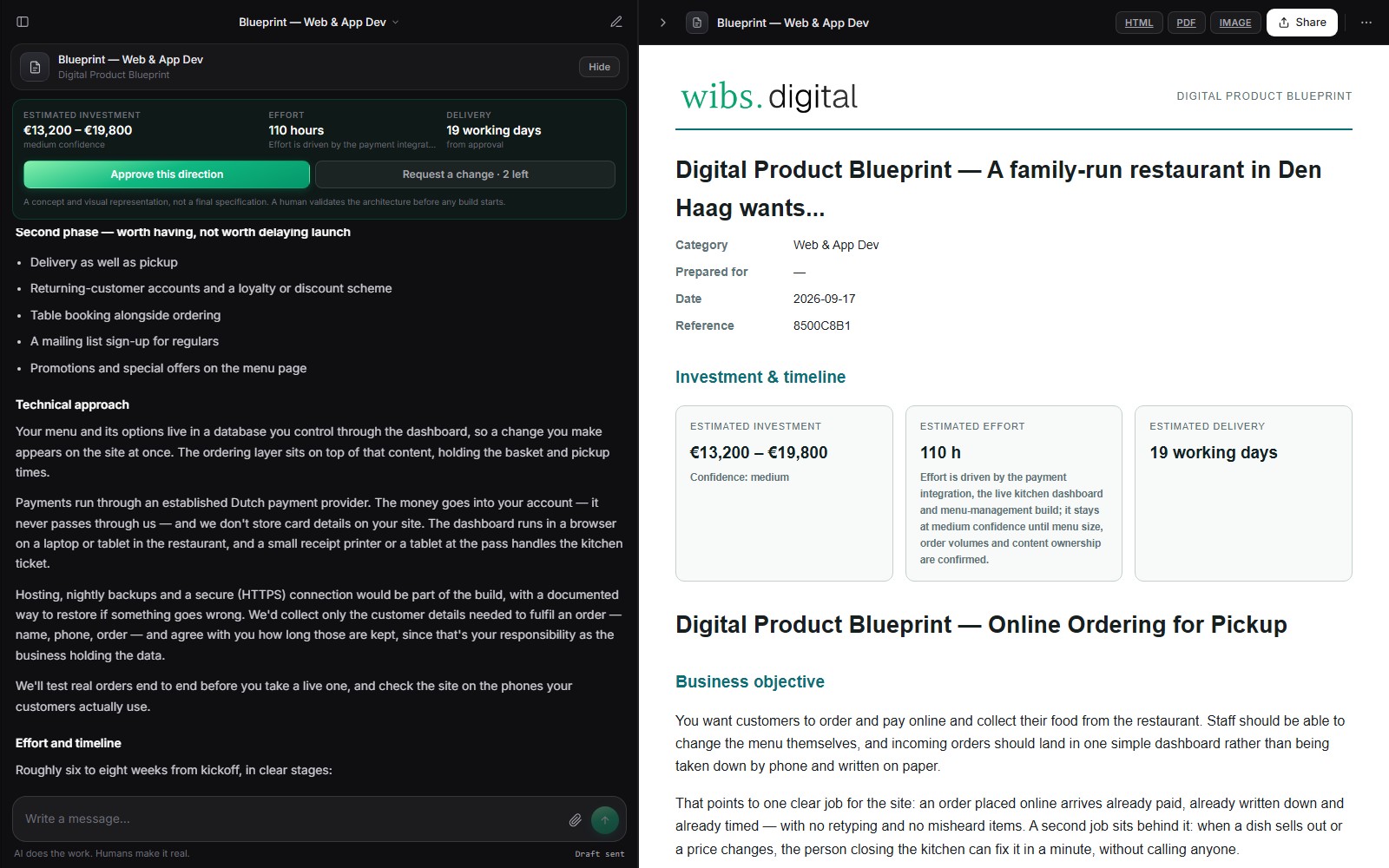 The Wibs Live Studio: the discovery conversation beside the generated Digital Product Blueprint, showing its estimated investment, effort and delivery estimate.